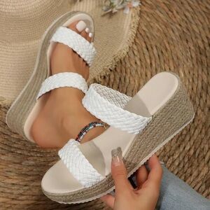 Elegant White Woven Wedge Sandals